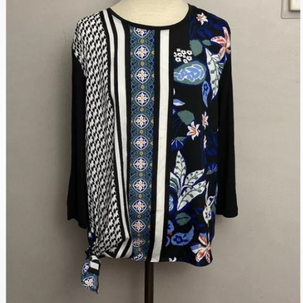9-27 Chicos Blouse Top Blue Graphic Mixed media 2 Large NWT